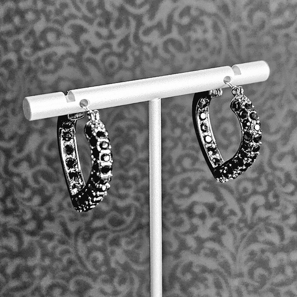 Vintage Monet Black Rhinestone Heart Hoop Earrings Rhodium Plated Y2K